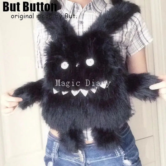 Gothic Y2K Plush Monster Backpack with Button Eyes – Dark Fashion School Bag