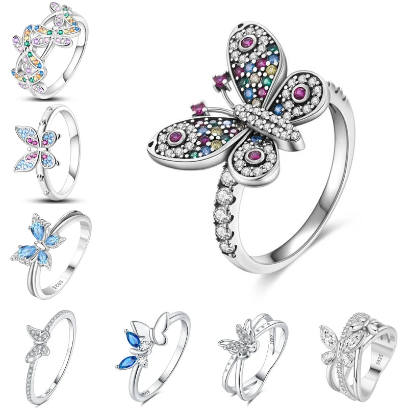 925 Sterling Silver Inlaid Full With Colorful Zirconium Butterfly Rings For Wedding Engagement Silver Rings Jewelry