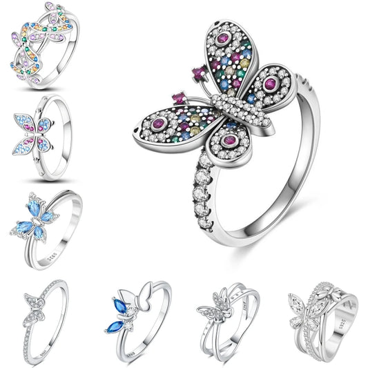 925 Sterling Silver Inlaid Full With Colorful Zirconium Butterfly Rings For Wedding Engagement Silver Rings Jewelry