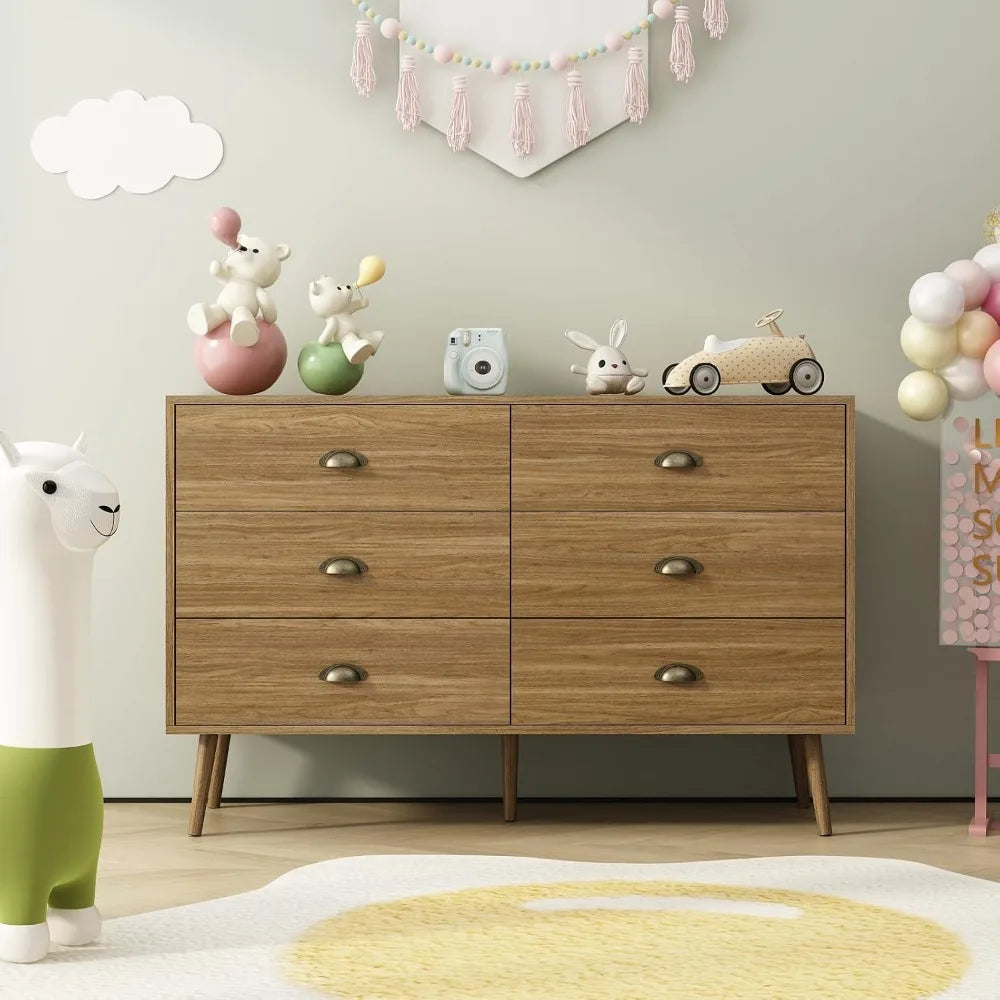 Mid‑Century 6‑Drawer Oak Dresser