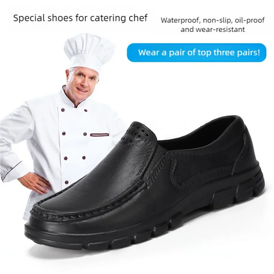 Men’s Four‑Season Anti‑Slip Chef Shoes – Oil‑Resistant, Soft‑Sole, Business Casual Work Leather