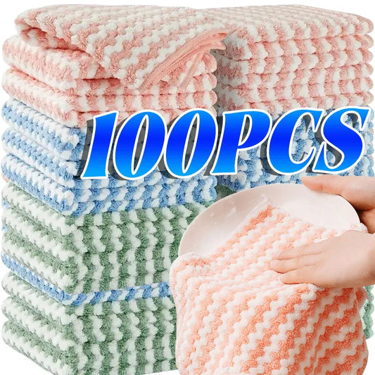 1/100PCS Super Absorbent Dishcloths Coral Fleece Cleaning Cloths Thickened Kitchen Washing Dish Rags Glass Windows Wipe Towel