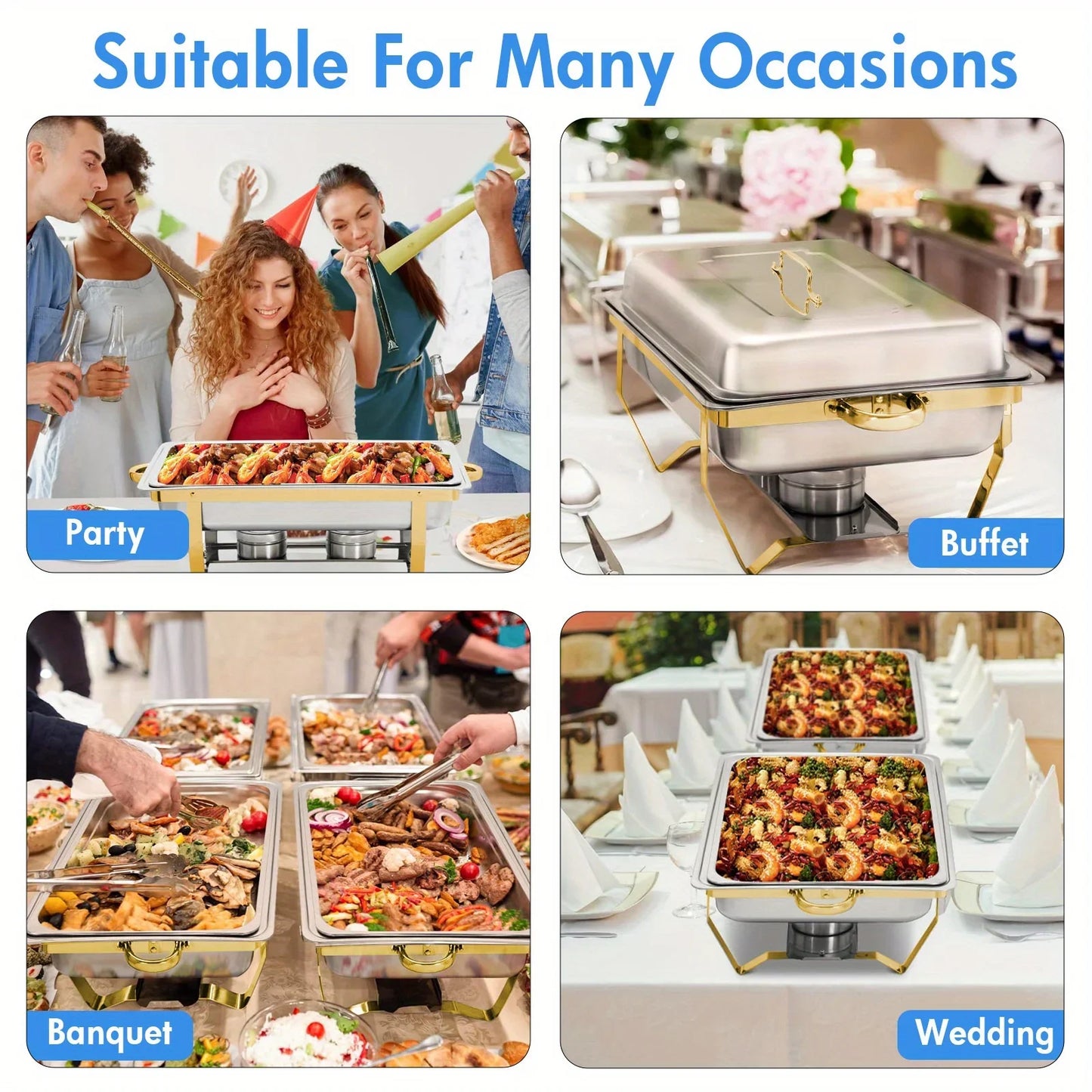 4 Pack 8QT Chafing Dish Buffet Set Stainless Steel Food Warmer Chafer Complete  Chafing Fuel Holder for Party Catering,