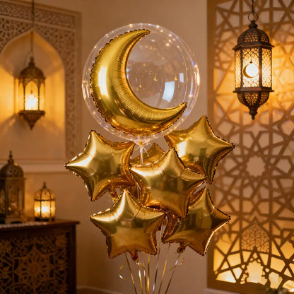11‑Piece Golden Moon & Star Foil Balloon Set – Ramadan & Eid Party Decorations