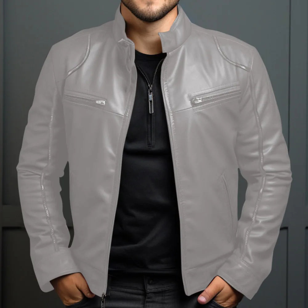 Men's Biker Leather Jacket Stand-up Collar Punk Leather Jacket Men