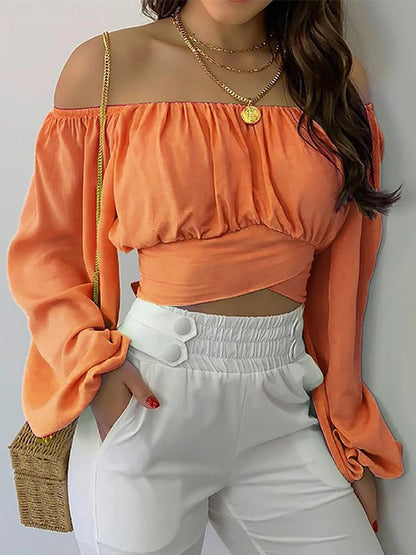 Women's Sexy Off Shoulder Chic and Elegant Lantern Long Sleeve Lace Up Bow Slim Cropped Tops