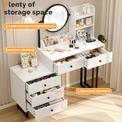 Vanity Desk — Mirror, Lights, 5 Drawers & Power Outlets