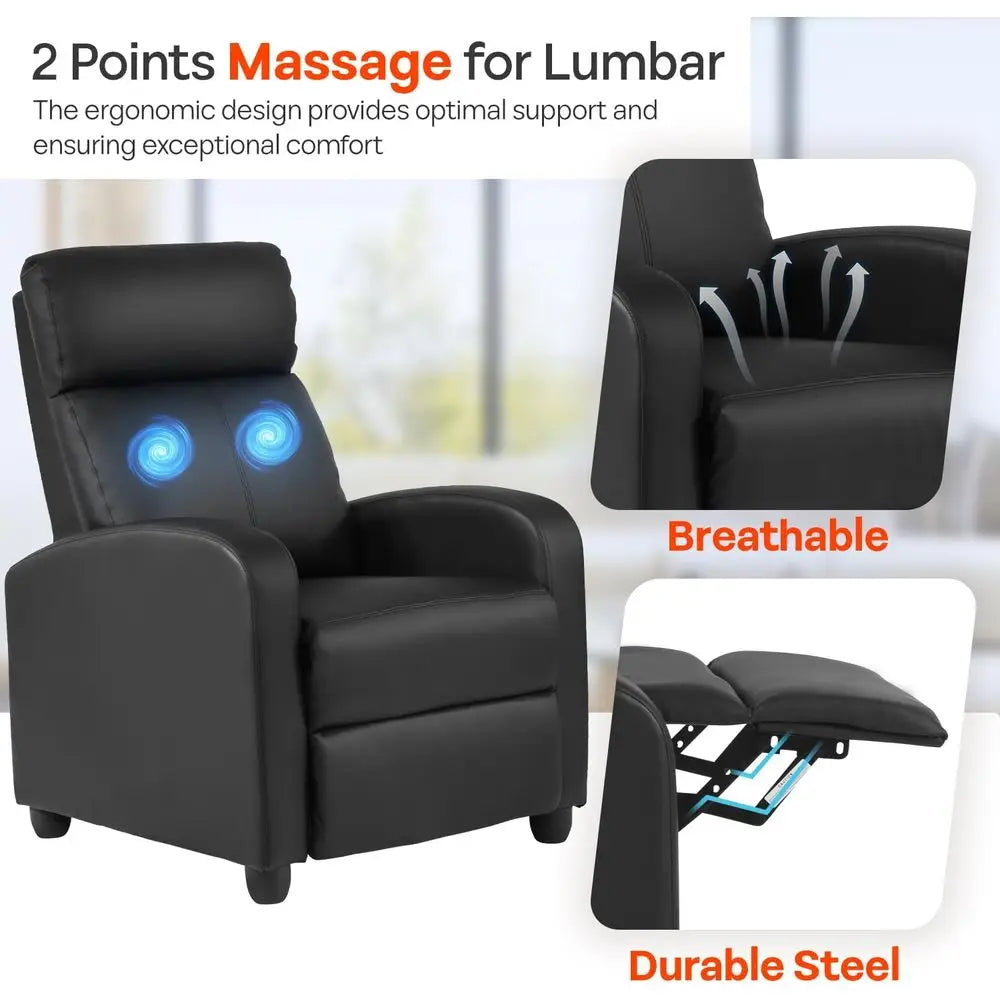 Black Leather Massage Recliner with Lumbar Support