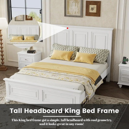King Farmhouse Wood Bed Frame with Tall Headboard & Footboard