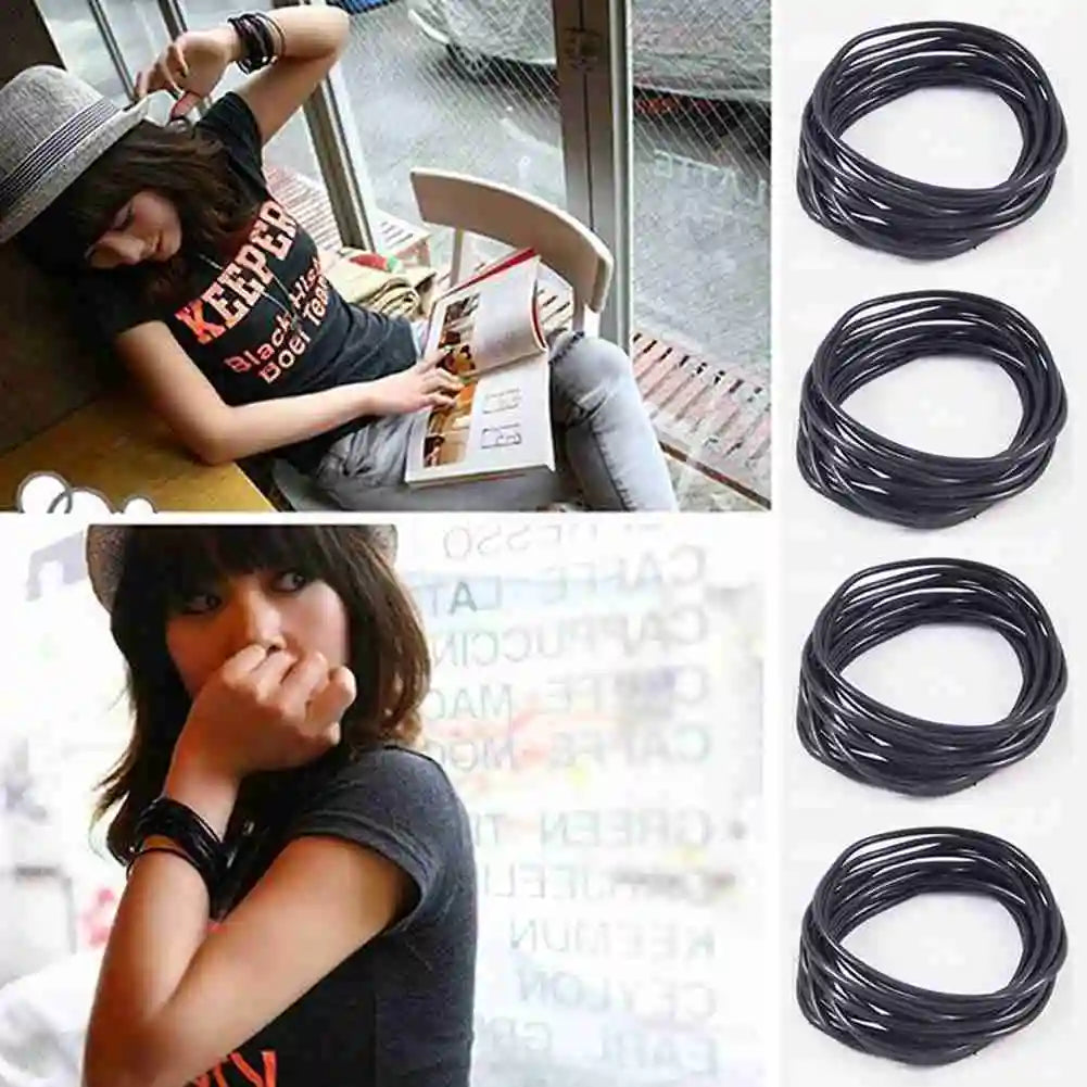10 Pcs In 1 Bag  Black Silicone Rope Bracelets For Men Women Charm Simple Casual Punk Rock Unisex Bracelet Bangles Jewelry