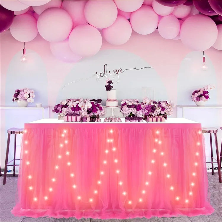 Tulle Table Skirt with LED Lights 6FT Table Cloth for Baby Shower Wedding Birthday Party Bar Home Table Valentine's Day Decor