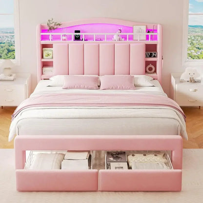 LED Velvet Bed Frame with Storage Headboard & 2 Drawers