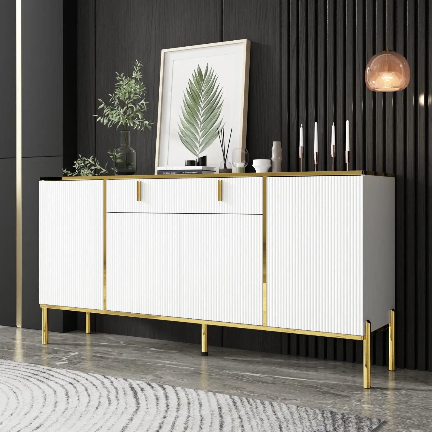 63" Modern Sideboard with Drawer & Pop‑Up Doors – Metal Legs
