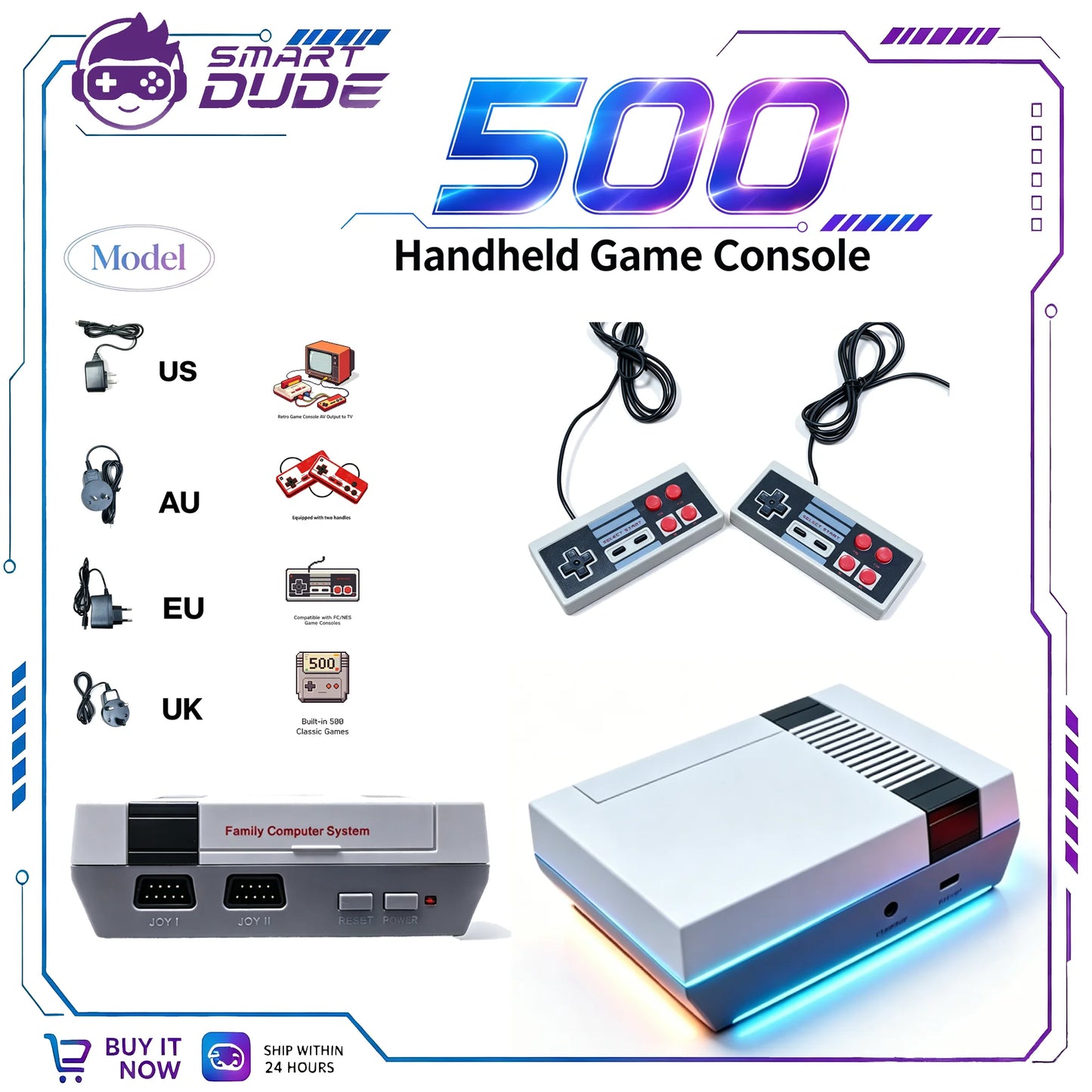 Retro Video Game Console AV Output TV Consoles Built-in 500 Classic Games Dual Gamepad Gaming Player For FC/ N ES