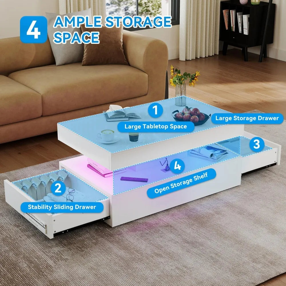 39" White High‑Gloss LED Coffee Table with USB Charging & 2 Drawers