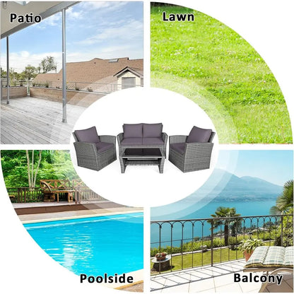4‑Piece Patio Rattan Furniture Set with Glass Coffee Table