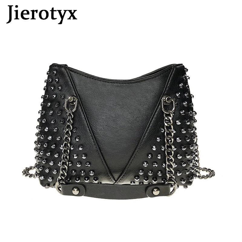 Studded Shoulder Bag Leather Punk Style Rock Rivet Crossbody Handbag Chain Wallet Purse