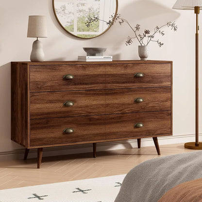 47" Walnut 6‑Drawer Dresser with Gold Handles