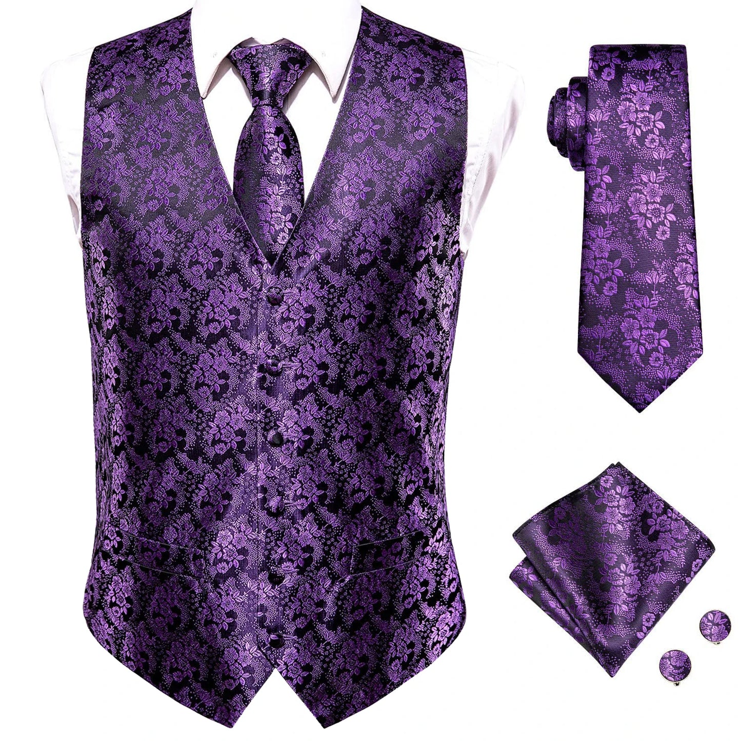 Hi-Tie 20 Color Silk Men's Vests Tie Slim Sleeveless Jacket Hanky Cufflink Waistcoat 4PC Suit
