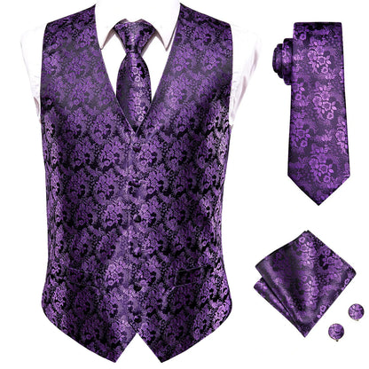 Hi-Tie 20 Color Silk Men's Vests Tie Slim Sleeveless Jacket Hanky Cufflink Waistcoat 4PC Suit