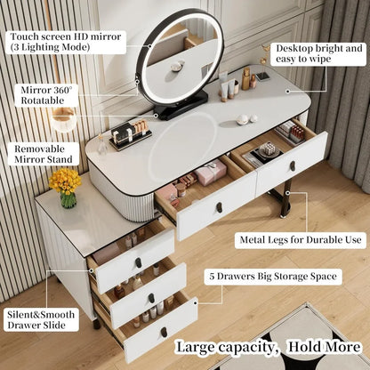 Modern LED Vanity Desk — Mirror, Drawers & Adjustable Cabinet