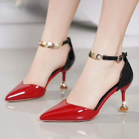 Women Fashion Sweet Pointed Toe Buckles Strap Stiletto Heels Lady Cool Red Party Heel Shoes White Heels