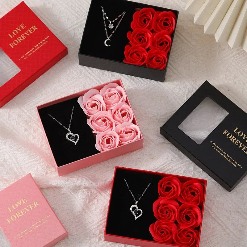 Mother's Day Jewelry Gift Packaging Box 6 Soap Rose Pendant Ring Bracelet Eternal Flower Window Opening Jewelry Box Romantic Bag