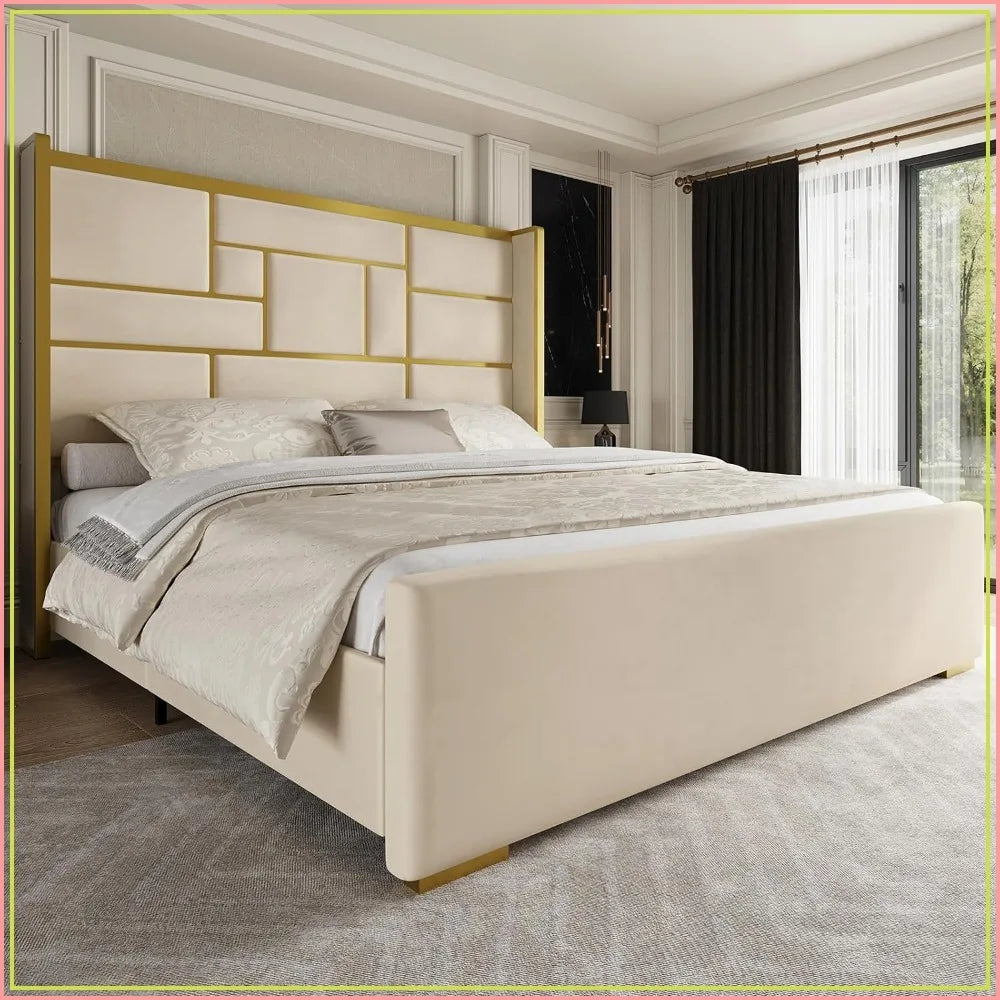 Queen Velvet Bed Frame with 55" Tall Headboard – Gold Trim, Beige