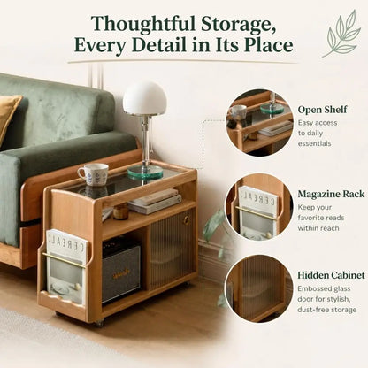 Solid Wood Side Table with Storage & Glass Door Cabinet