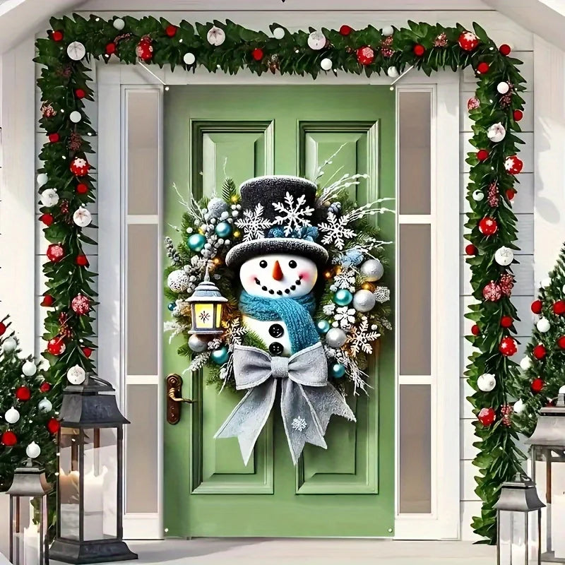 Winter Snowman Christmas Wreath Door Cover Decoration Hanging Door Banner Winter Cute Outdoor Snowman Backdrop Christ