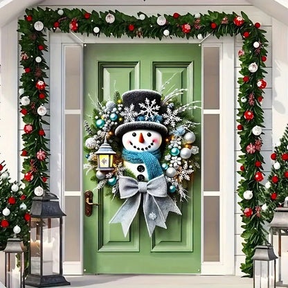 Winter Snowman Christmas Wreath Door Cover Decoration Hanging Door Banner Winter Cute Outdoor Snowman Backdrop Christ