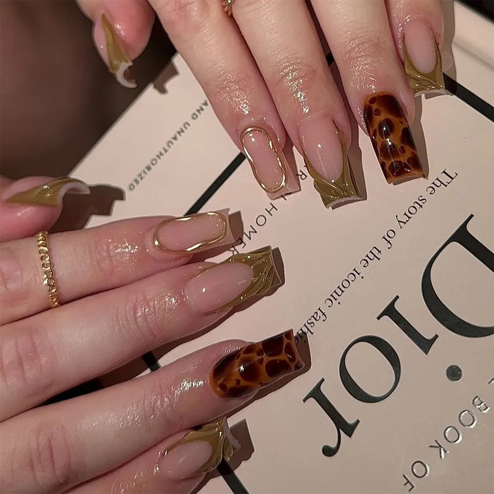 24Pcs Gold French Border False Long Coffin Press on Nails with Rhinestones Ballerina Full Cover