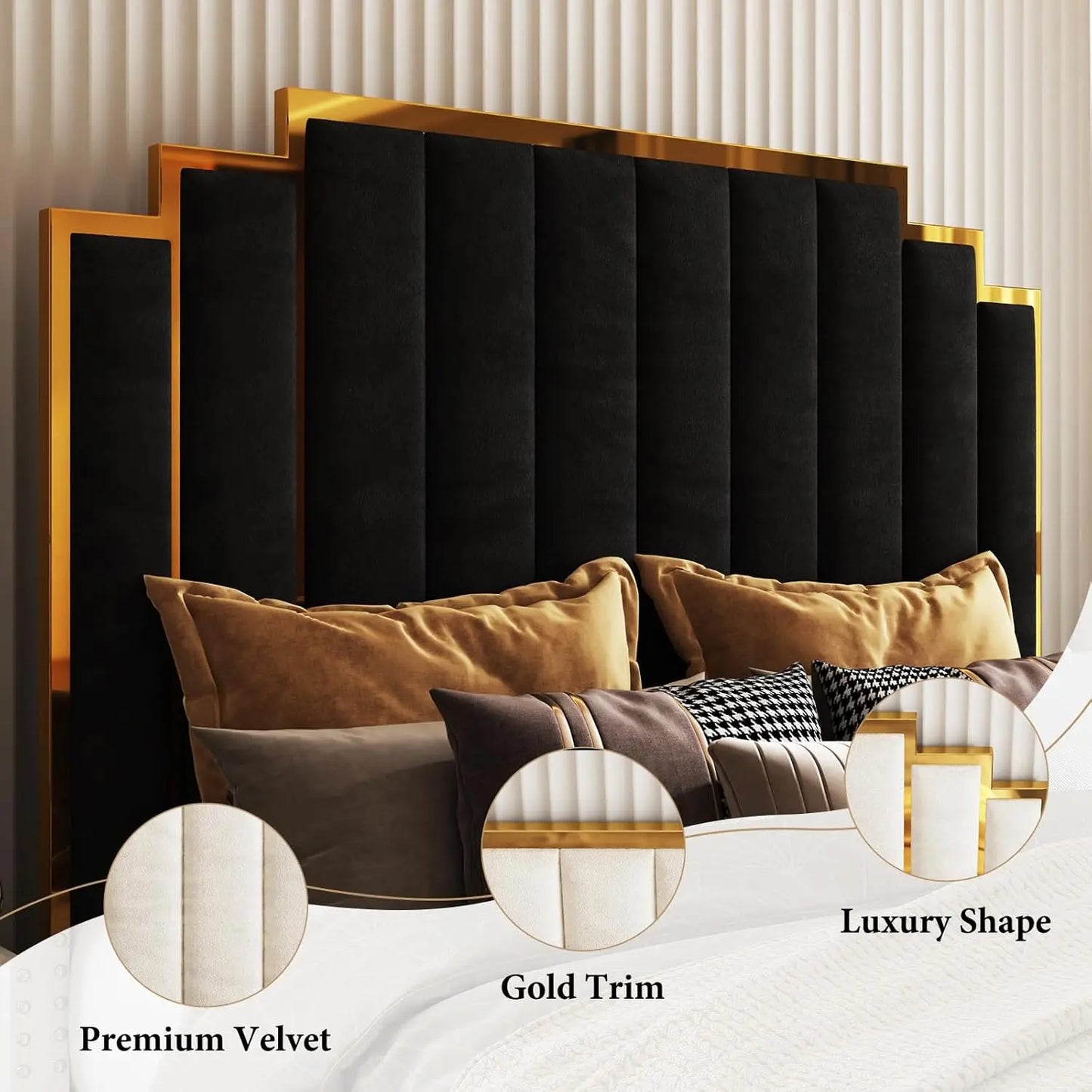 King Velvet Bed Frame with 65" Gold Trim Headboard – Black (Custom)