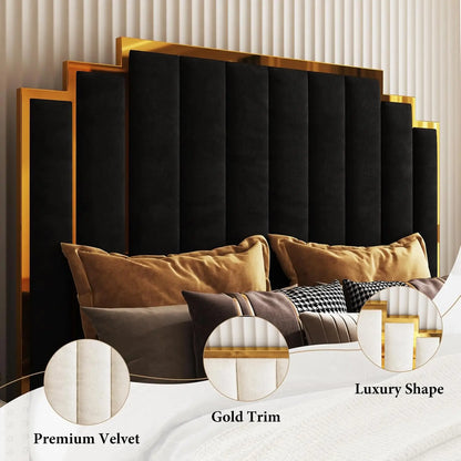 King Velvet Bed Frame with 65" Gold Trim Headboard – Black (Custom)