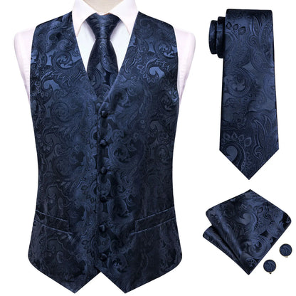 Hi-Tie 20 Color Silk Men's Vests Tie Slim Sleeveless Jacket Hanky Cufflink Waistcoat 4PC Suit