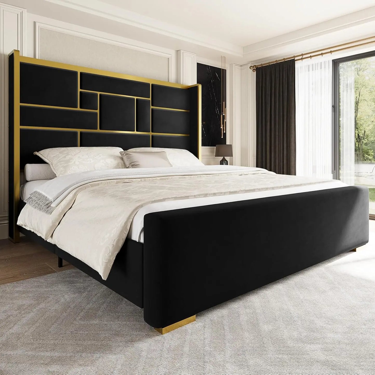 Full Bed Frame with 55" Tall Velvet Headboard – Gold Trim