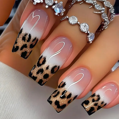 24pcs Gold Stripe Press‑On Nails – Long Square Full Cover Tips