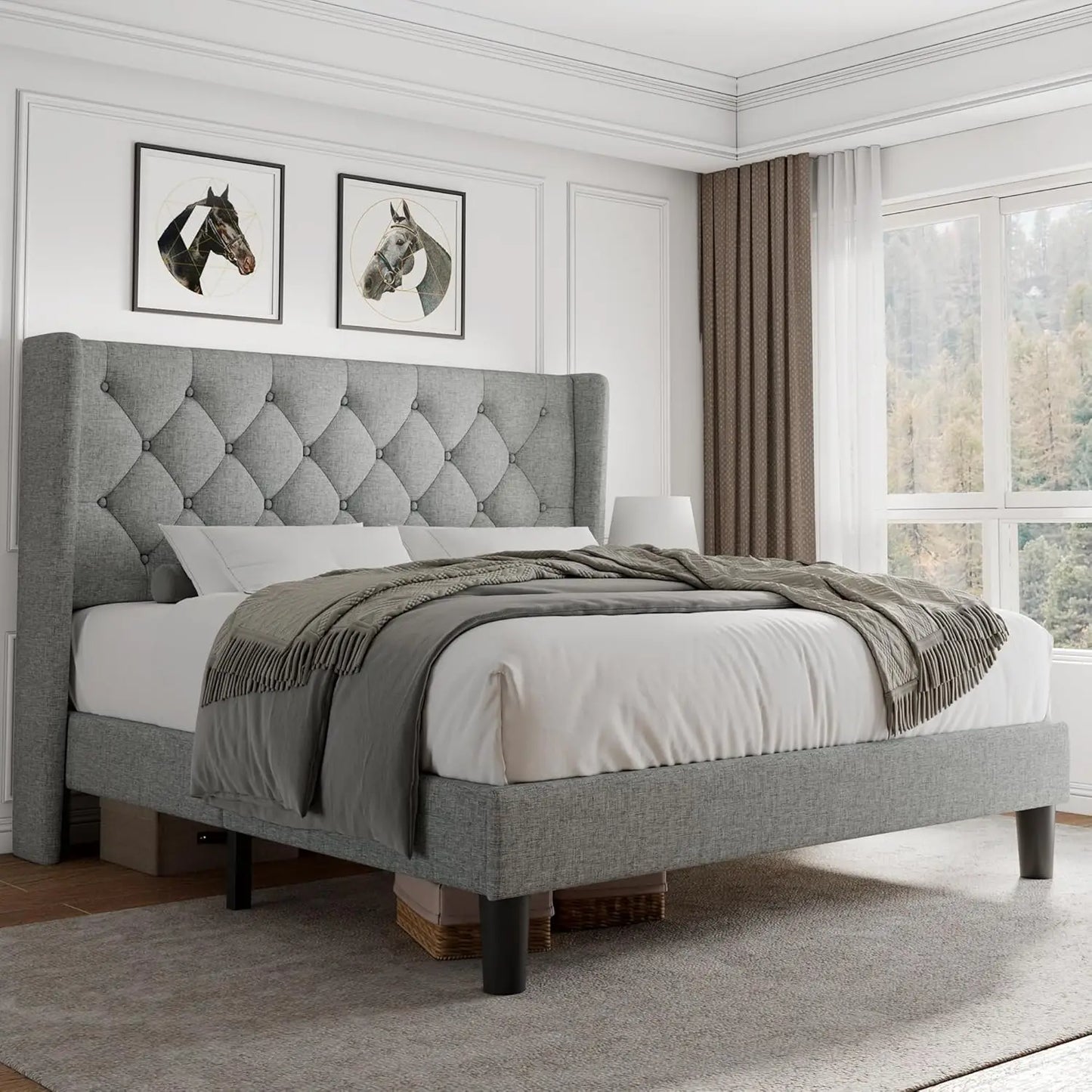 Queen Size Platform Bed Frame with Button Tufted Headboard, Upholstered Bed Frame with Solid Wooden Slats, 8", Customized