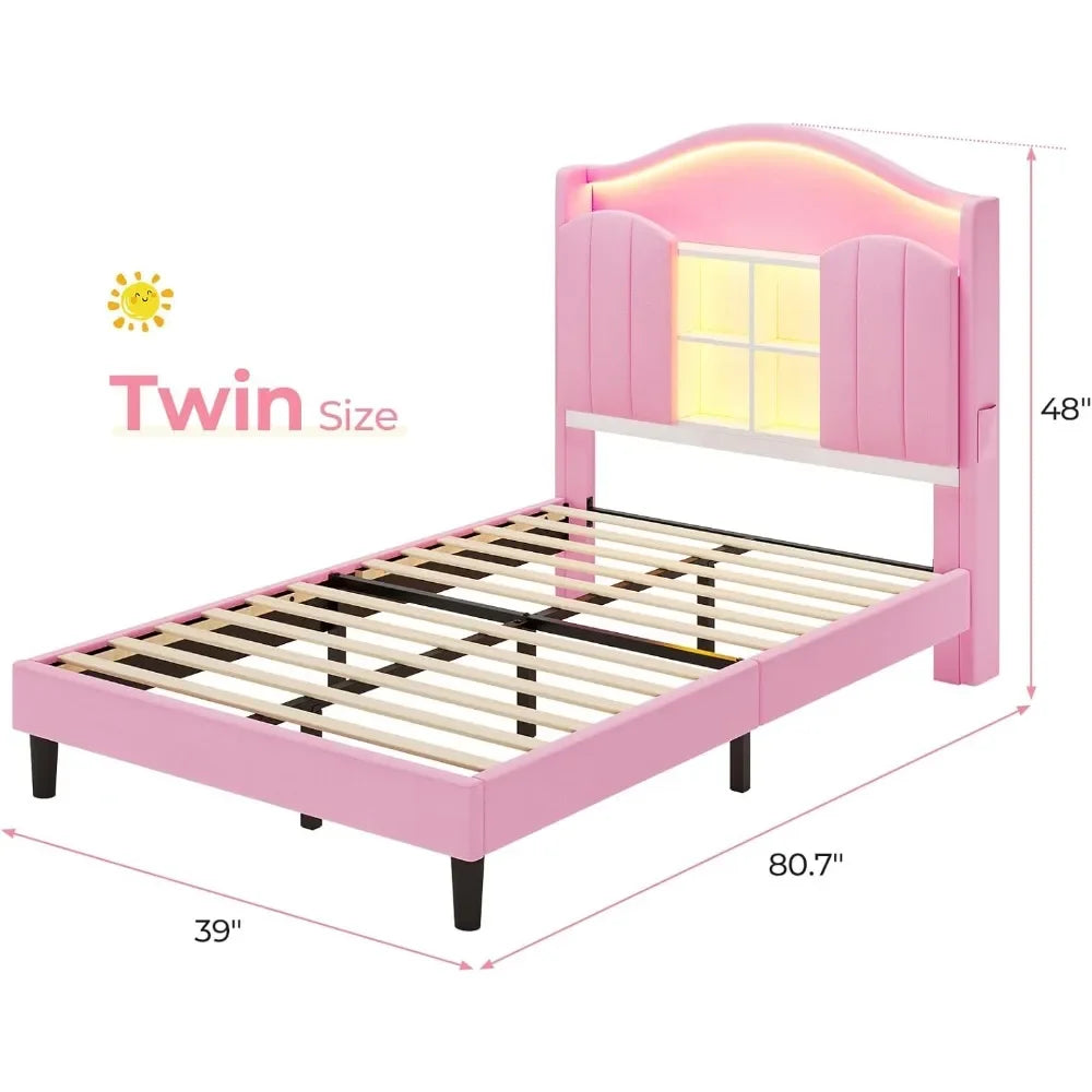 Twin LED Bed with Charging Station & Storage Headboard – Pink