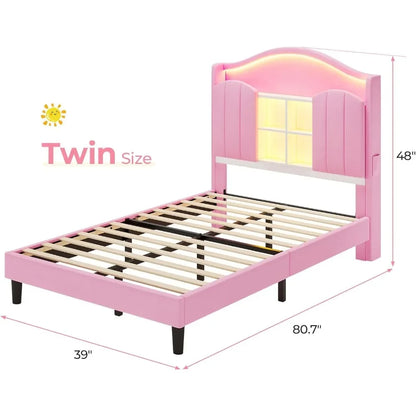 Twin LED Bed with Charging Station & Storage Headboard – Pink