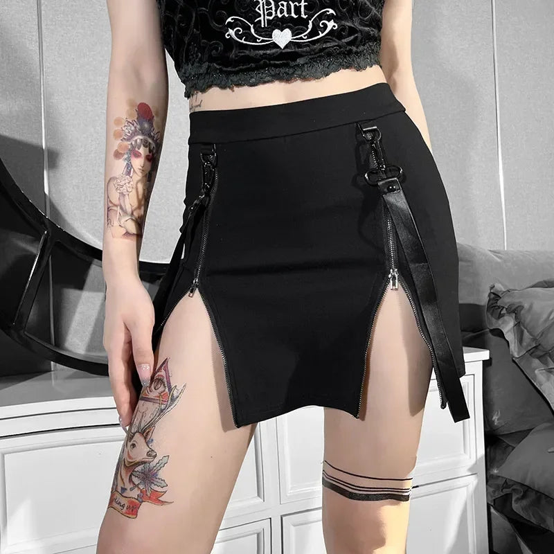 Dark Double Zipper Bag Hip Split Gothic Design Tight Skirt Harajuku Black Gothic Bag Hip Skirt Kawaii Vintage Y2k Skirt