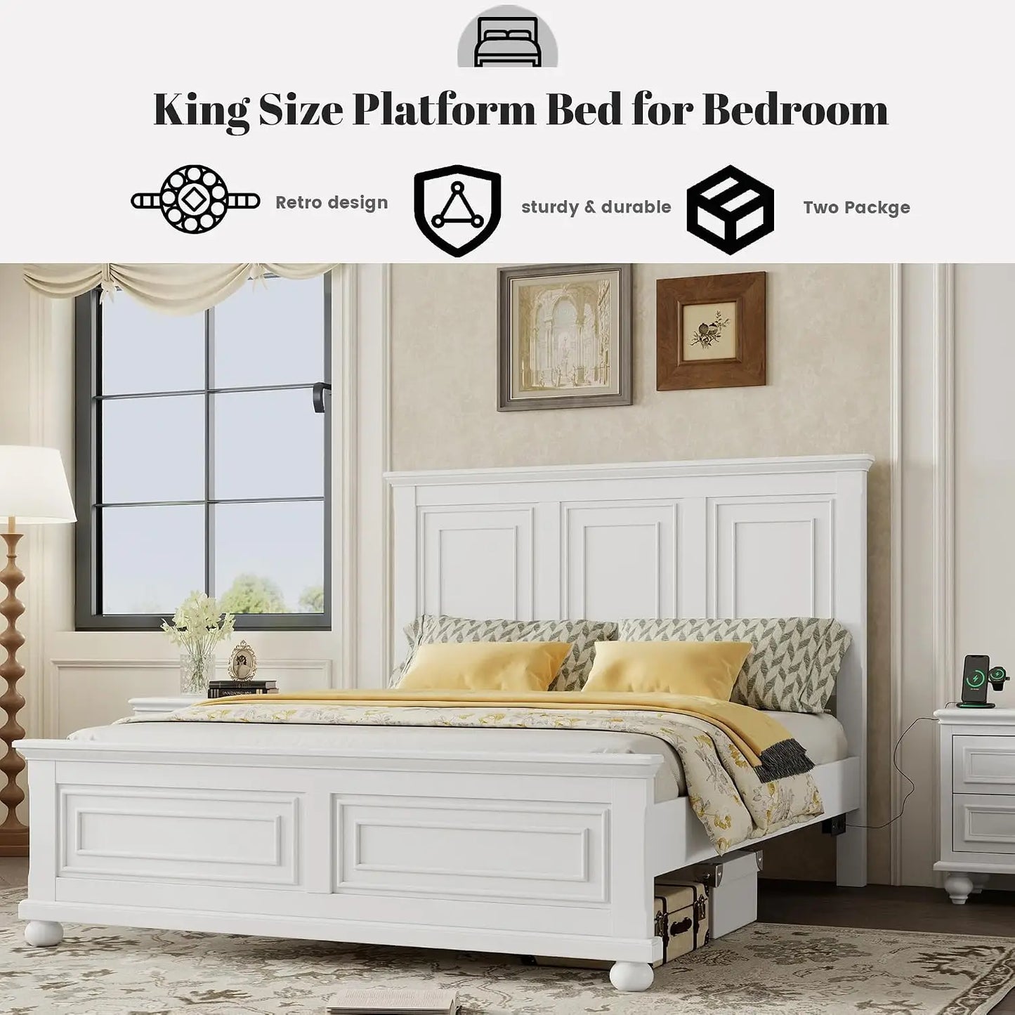 King Farmhouse Wood Bed Frame with Tall Headboard & Footboard
