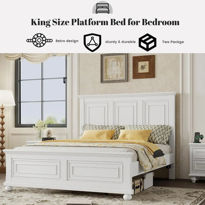 King Farmhouse Wood Bed Frame with Tall Headboard & Footboard