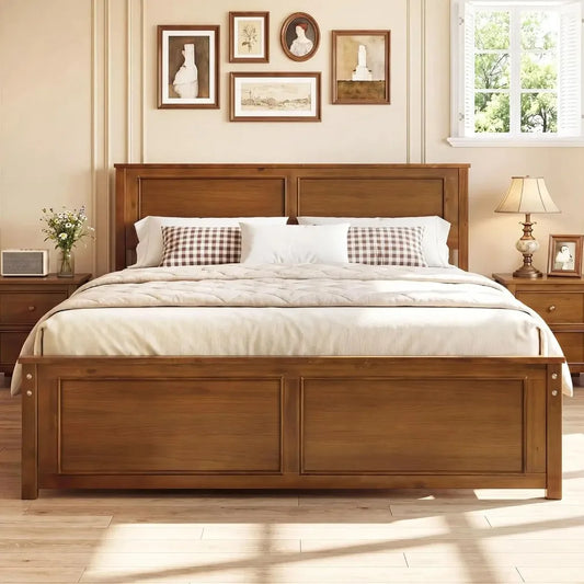 Queen Farmhouse Wood Platform Bed Frame with Headboard