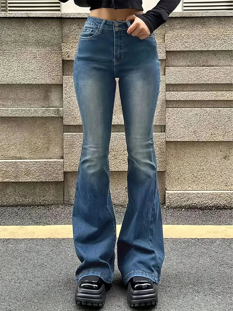 Women’s Flare Stretch Moustache Jeans – High‑Waist Gray Skinny Bell‑Bottom Denim Pants, Classic Y2K Punk Long Trousers