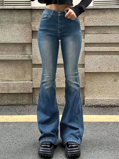 Women’s Flare Stretch Moustache Jeans – High‑Waist Gray Skinny Bell‑Bottom Denim Pants, Classic Y2K Punk Long Trousers