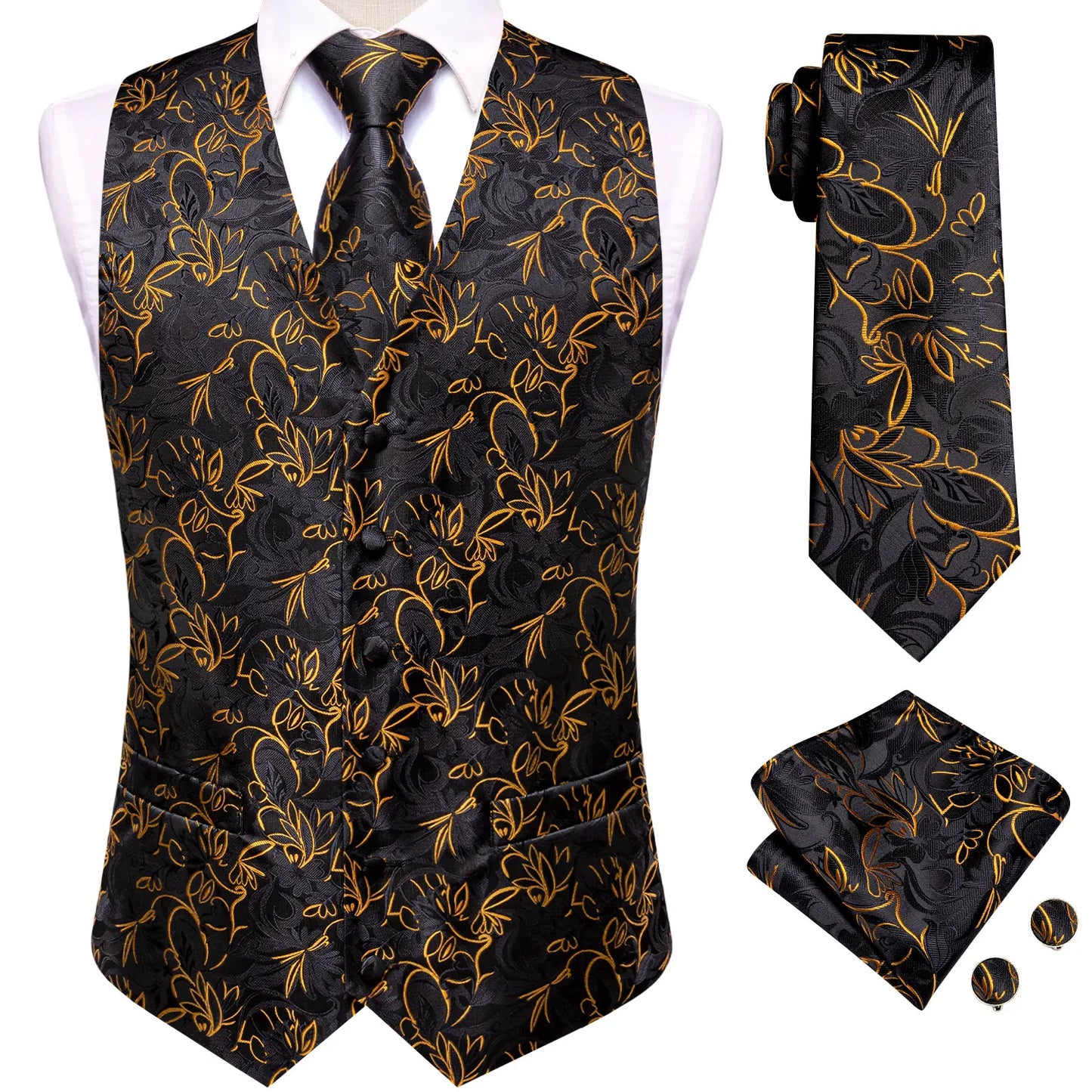Hi-Tie 20 Color Silk Men's Vests Tie Slim Sleeveless Jacket Hanky Cufflink Waistcoat 4PC Suit