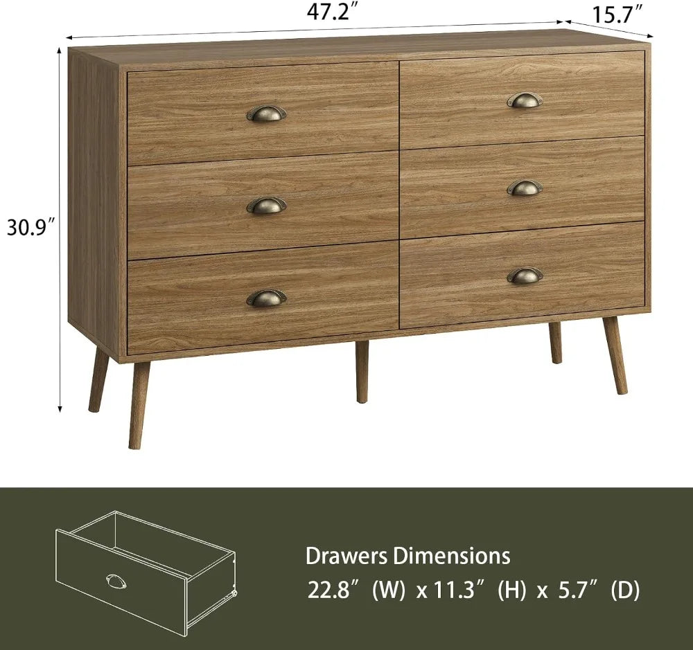 Mid‑Century 6‑Drawer Oak Dresser