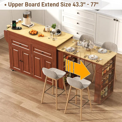 80"–48" Extendable Kitchen Island with Power Outlet – Brown