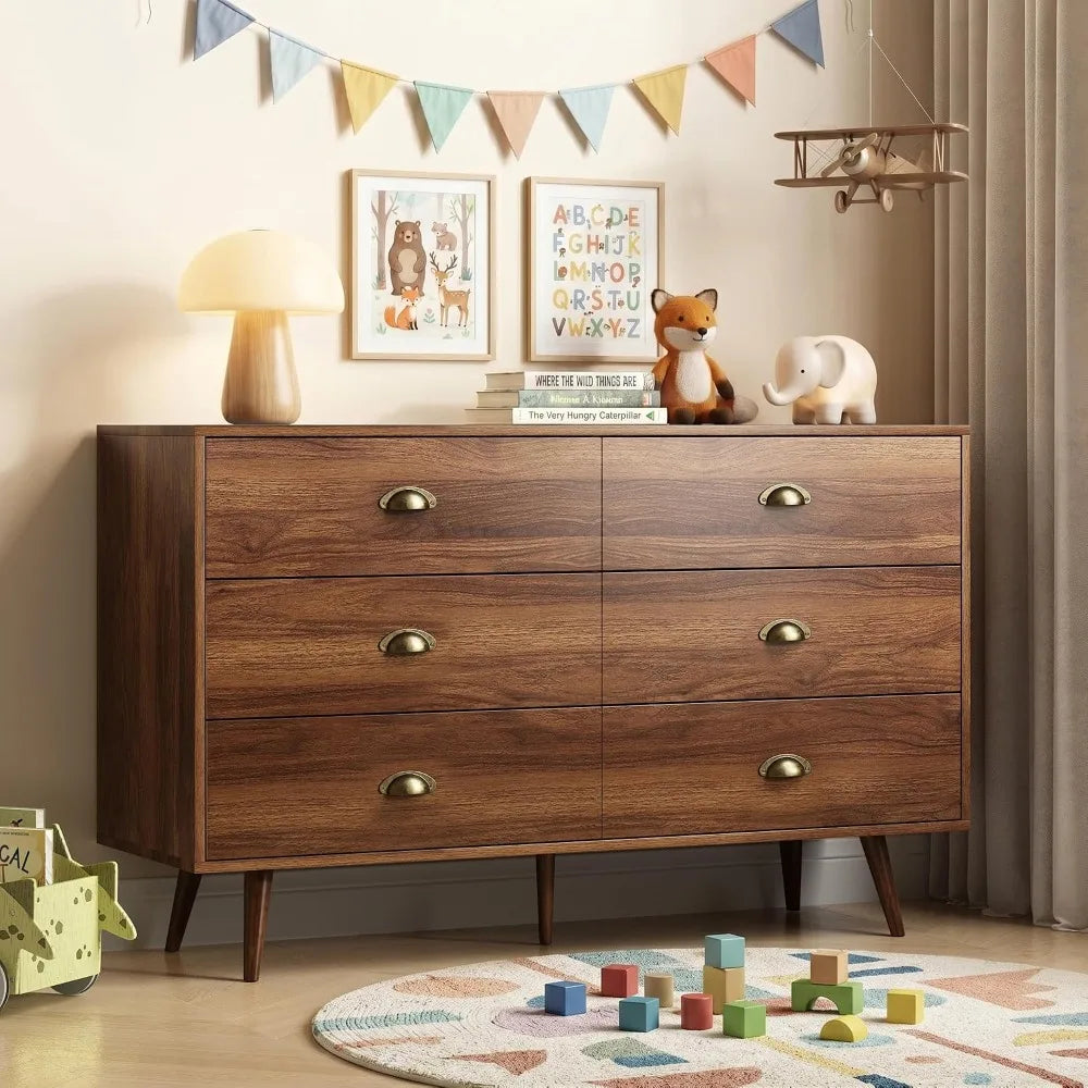 Walnut 6‑Drawer Dresser — 47" Mid‑Century Chest